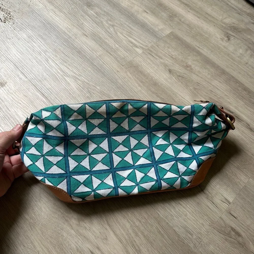 Roberta Roller Rabbit Travel Toiletry Bag Canvas Geometric Print Leather Trim